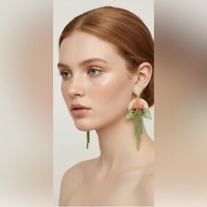 Artisan Floral Earrings with Wood Pendant